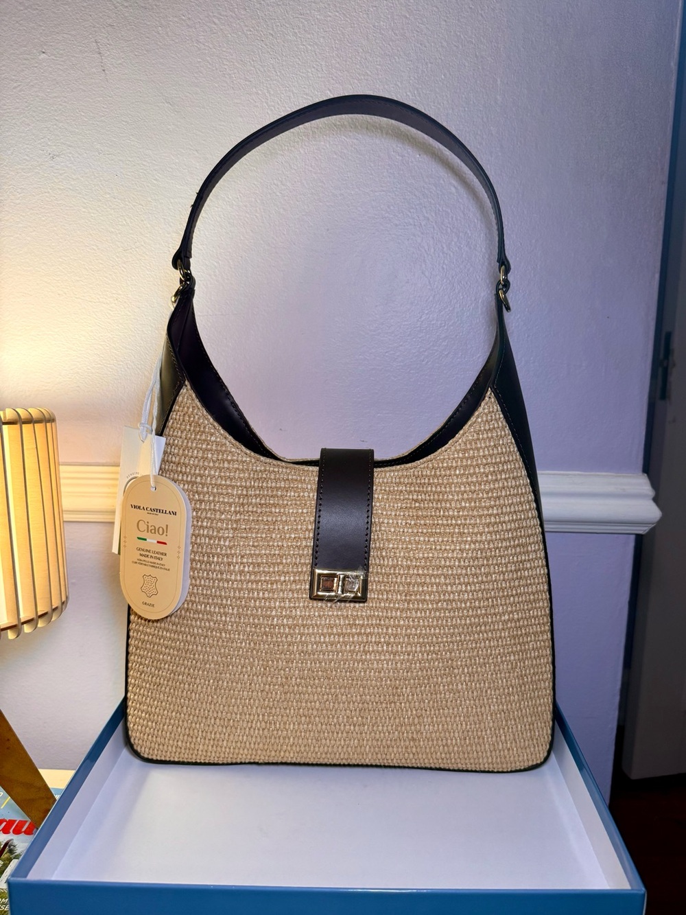 NWT Viola Castellani Raffia & Genuine Leather Shoulder Bag - Picture 2 of 13